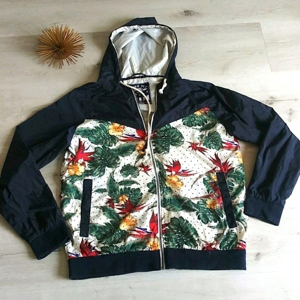 Born Fly Mens XL Tropical Floral Polka Dot Windbreaker Hooded Jacket Navy Blue